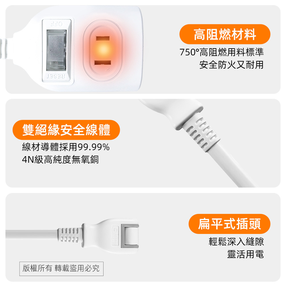Practical Plate 1 Open 2 Insert 4 Feet 2P Extension Cord 1.2 Meters PNA212-4 Fireproof PC Material Independent Switch Design Energy Saving and Safe, , large