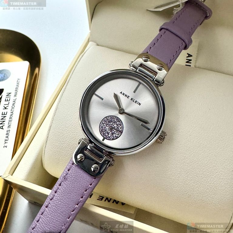 [星晴錶業]ANNE KLEIN手錶,34mm,AN00408銀白色錶面銀錶殼紫色真皮皮革錶帶款, , large