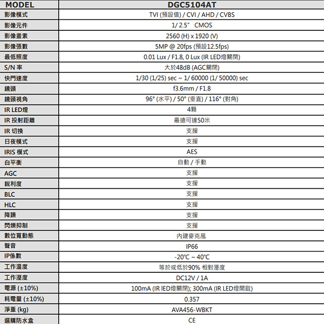 昌運監視器 AVTECH陞泰 DGC5104AT(DGC5104MAT)(替代DGC5105AT) 500萬 四合一槍型紅外線攝影機 內建麥克風, , large