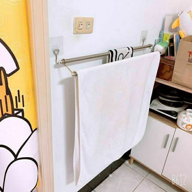 [熊好貼國際]雙桿毛巾架 浴巾架90cm不銹鋼 凹凸紋路牆面可貼(超黏貼) 平滑面（重覆貼）無痕掛鉤 耐重 舒適家, , large