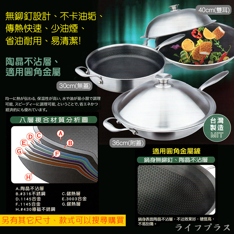 CLARE典鑽316不鏽鋼陶晶不沾炒鍋-40cm-雙耳-附蓋-1支, , large
