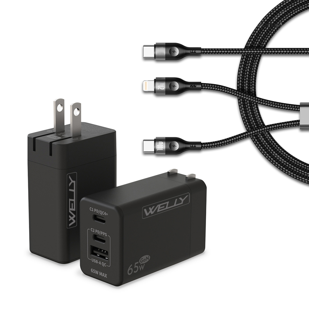 100W 一拖二 Type-C to Type-C+Lightning 超大功率編織快充線+65W氮化鎵GaN 三孔極速充電器, , large