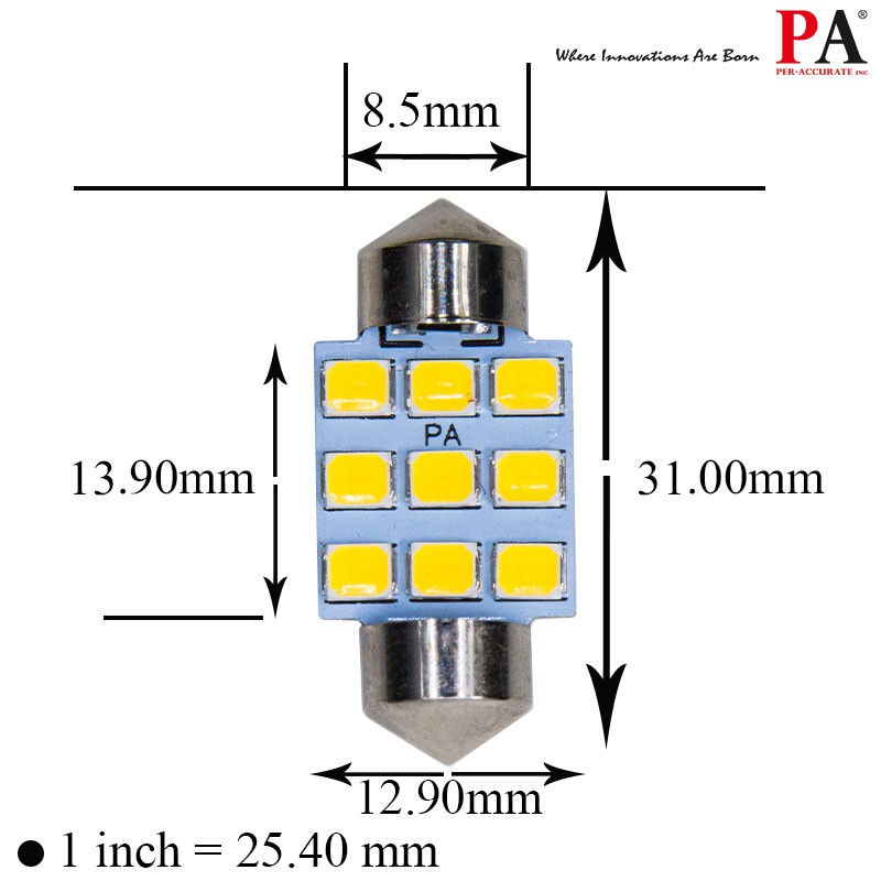 【PA LED】雙尖 28MM 31MM 暖白光 白光 2835 9晶 SMD LED 室內燈 牌照燈 行李箱燈 車廂燈, , large