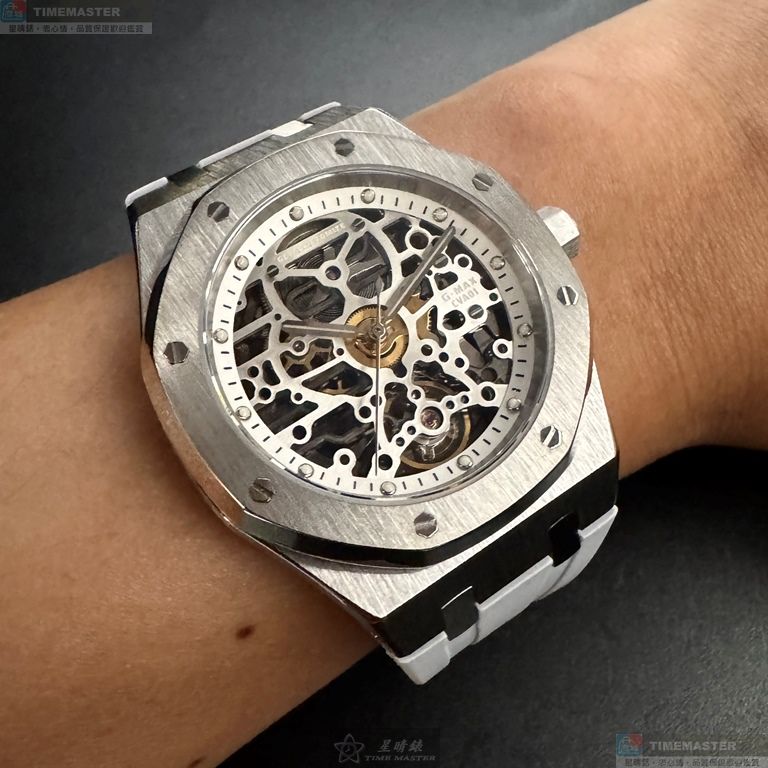 [星晴錶業]GEYA手錶,42mm,G78036GWWW雙面機械鏤空錶面銀錶殼白矽膠錶帶款, , large