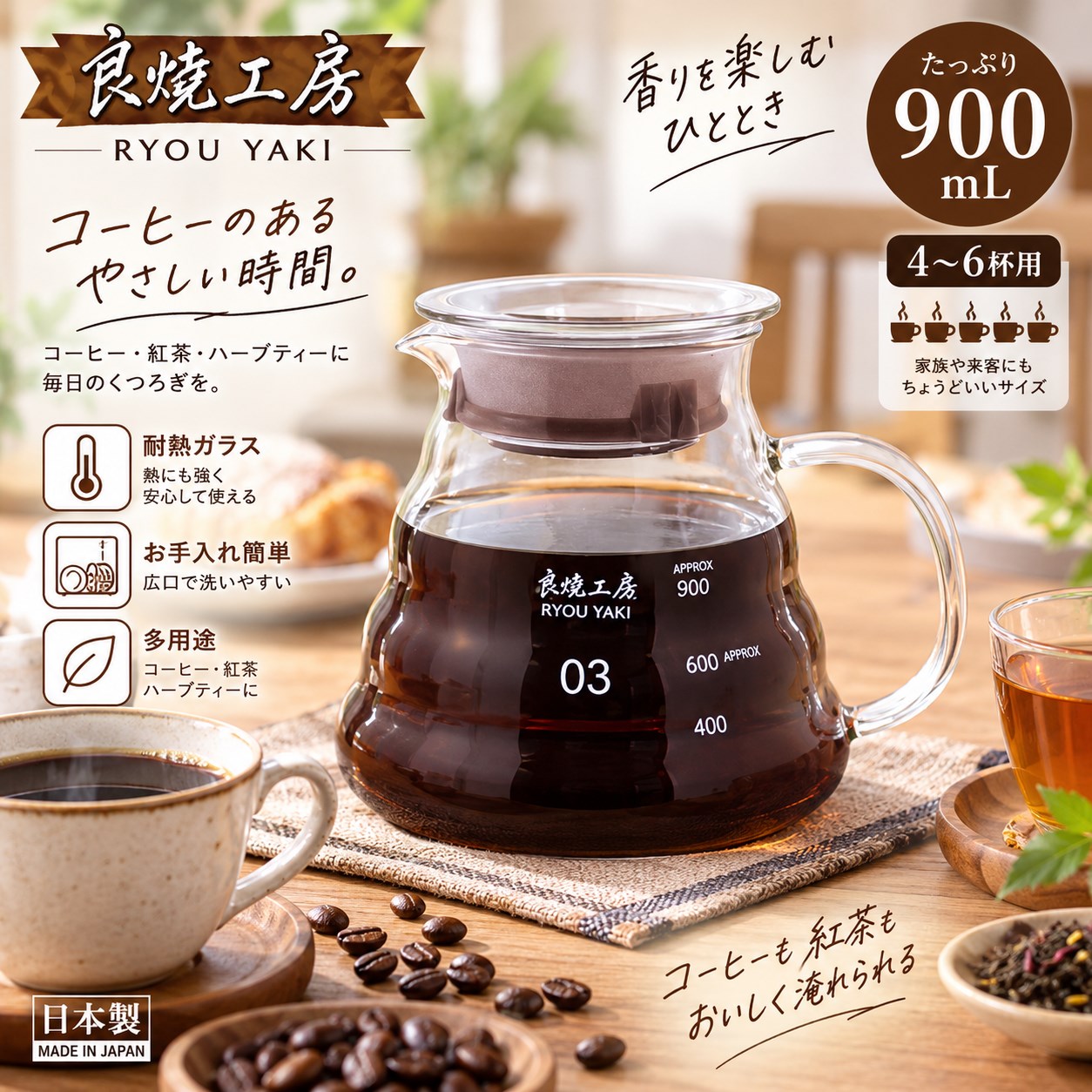 【HIYASU日安工坊】良燒B03耐熱玻璃壺-900ml, , large