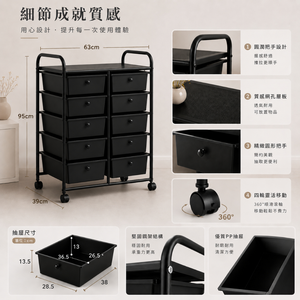 【Roomix】10層移動式抽屜收納車 空間救星 台灣製 黑色置物架 辦公活動櫃 美容美甲推車 玩具收納箱 文件櫃  (附輪/DIY), , large