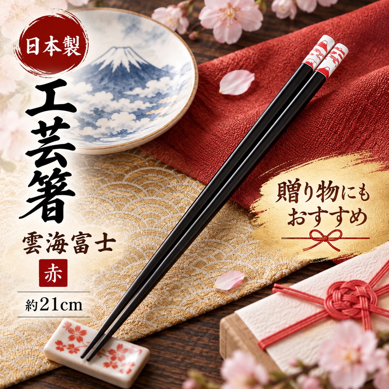 【HIYASU日安工坊】日本工藝箸-雲海富士 紅 21cm, , large