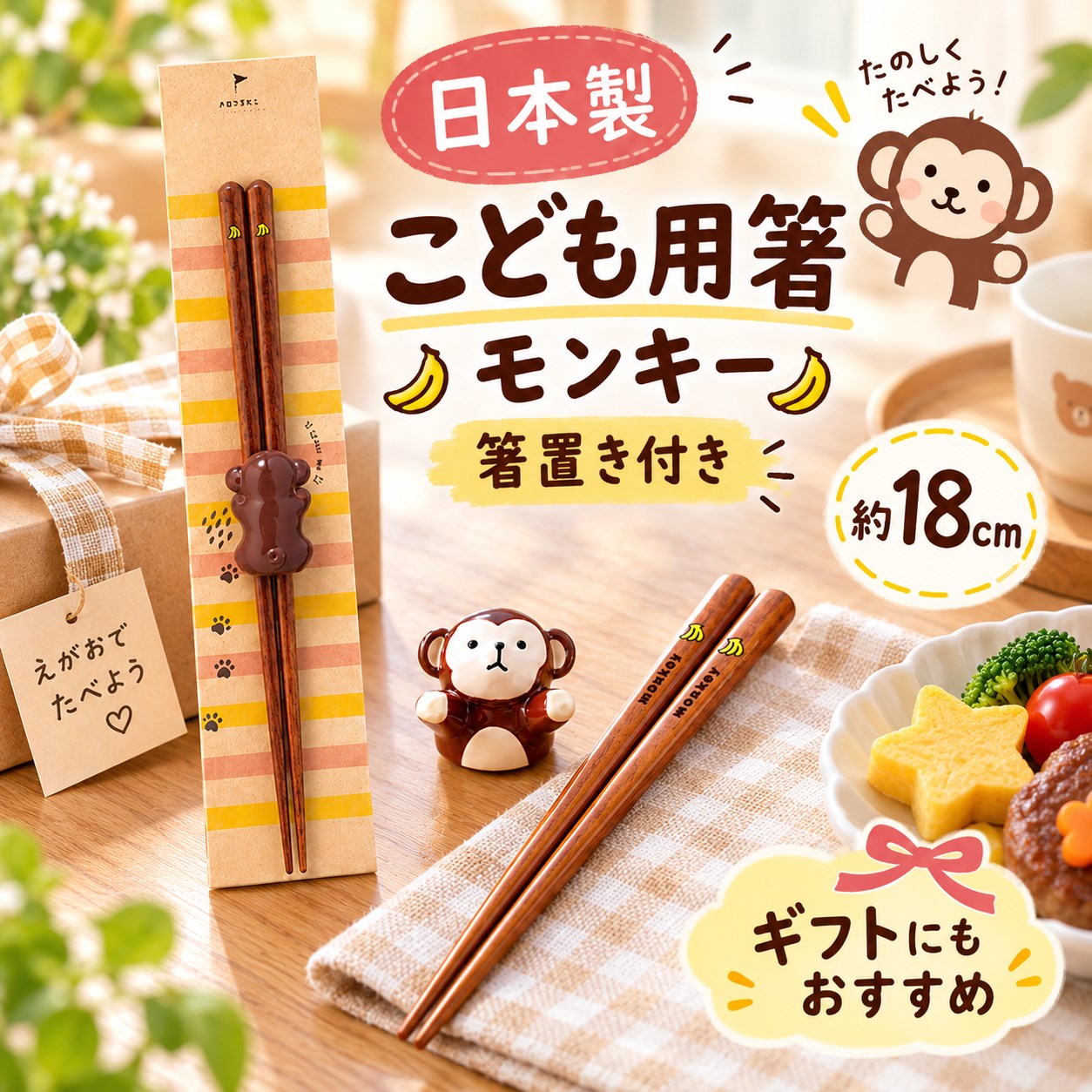 【HIYASU日安工坊】日本兒童箸-猴子 附筷架, , large