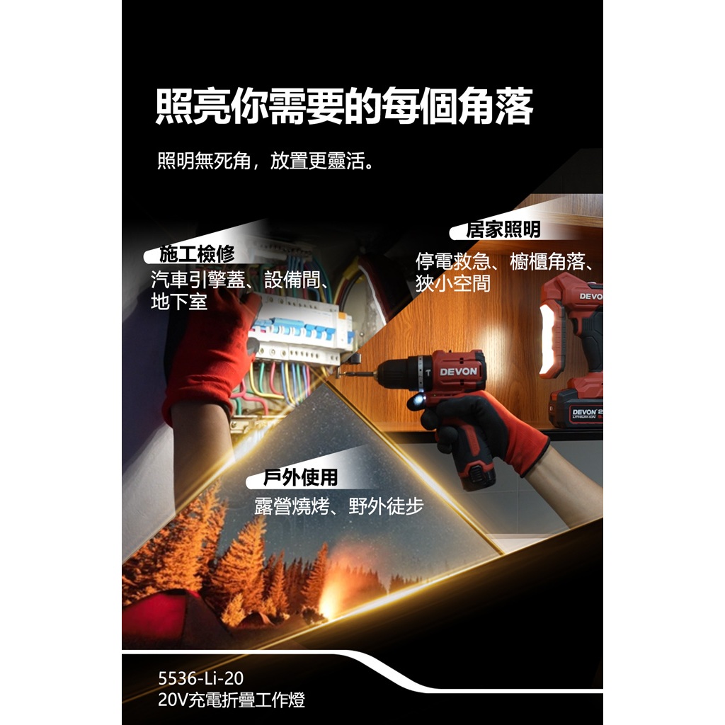 WIN五金 DEVON 大有 5536-Li-20 鋰電折疊檢修燈 270&deg;旋轉 180&deg;折疊 超強磁力 1000流明, , large