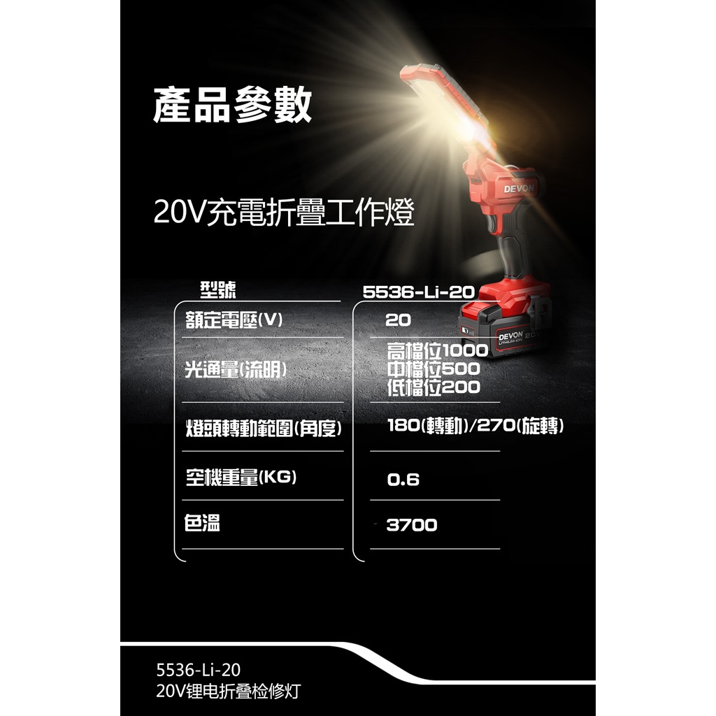 WIN五金 DEVON 大有 5536-Li-20 鋰電折疊檢修燈 270&deg;旋轉 180&deg;折疊 超強磁力 1000流明, , large