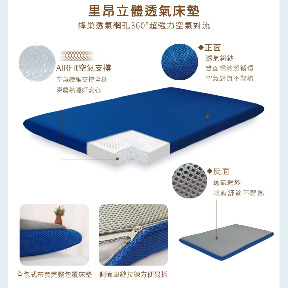 【日本旭川】AIRFit氧活力里昂立體透氣6.6cm空氣床墊 伊正推薦 舒適支撐加高 可水洗 6D透氣循環, , large
