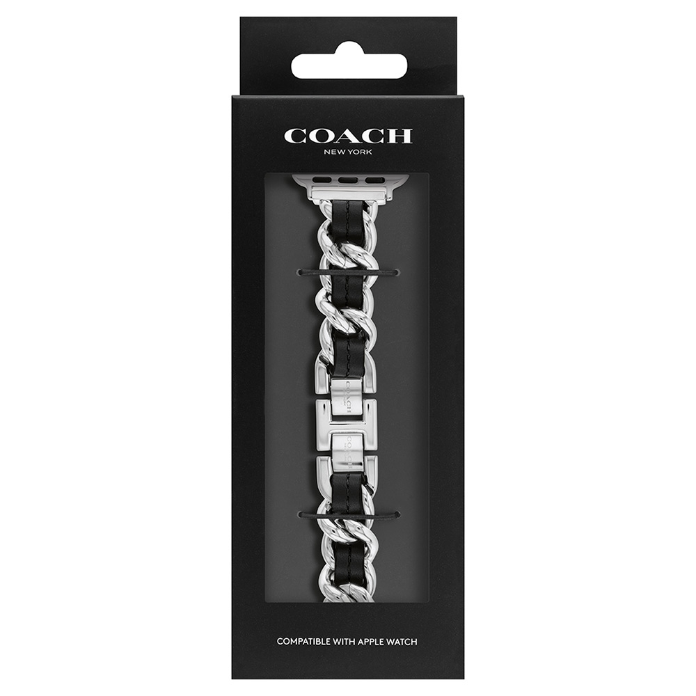 COACH Apple Watch 錶帶 38/41mm 適用 鍊帶結合皮錶帶 - 銀x黑(不含手錶), , large