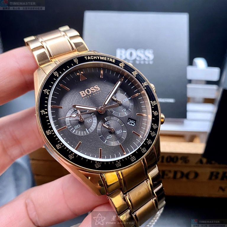 [星晴錶業]BOSS手錶,44mm,HB1513632黑色錶面玫瑰金錶殼玫瑰金色精鋼錶帶款, , large