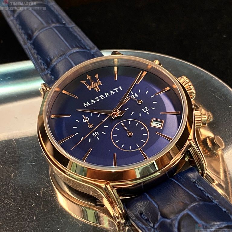 [星晴錶業]MASERATI手錶,42mm,R8871618007寶藍色錶面玫瑰金錶殼寶藍真皮皮革錶帶款, , large