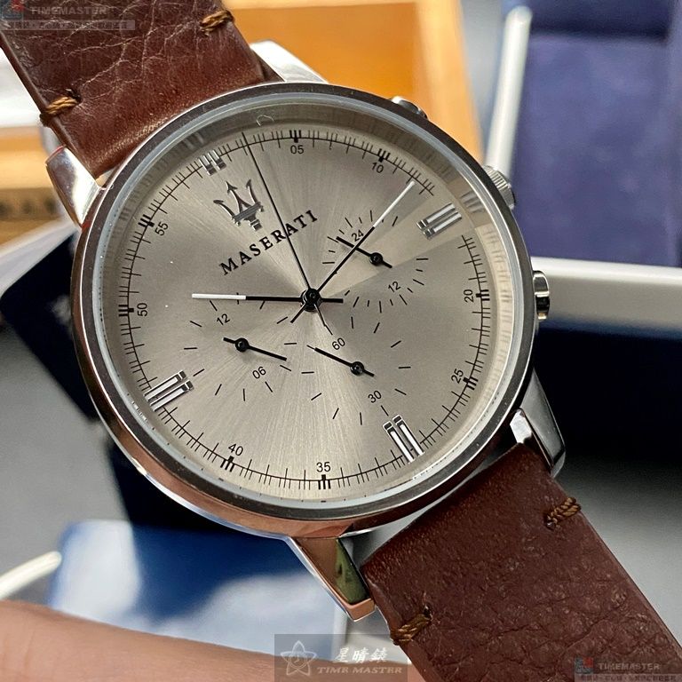 [星晴錶業]MASERATI手錶,42mm,R8871630001亮銅色錶面銀錶殼咖啡色真皮皮革錶帶款, , large