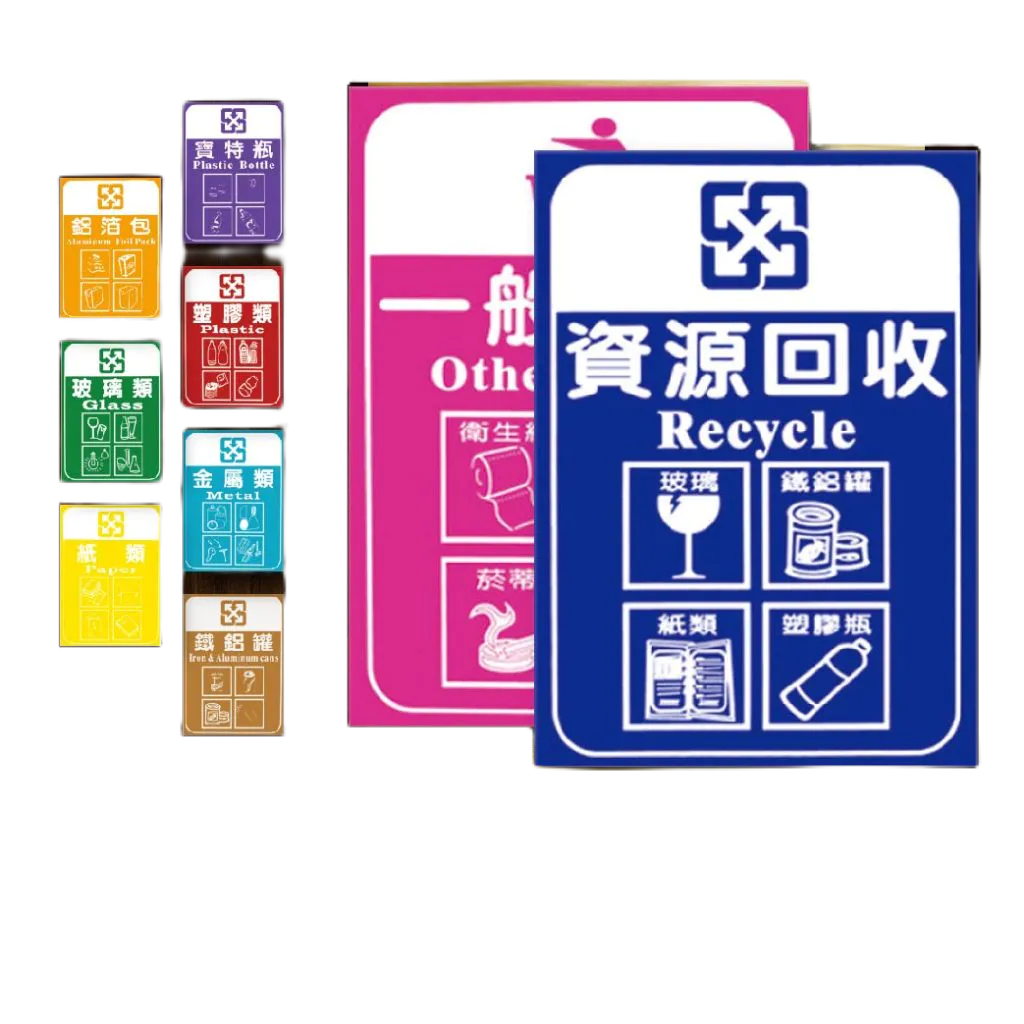 單張九分類 垃圾分類貼紙 (一般垃圾/資源回收/紙類/金屬類/塑料類/鐵鋁罐/鋁箔包/寶特瓶/玻璃類) 回收貼紙, , large