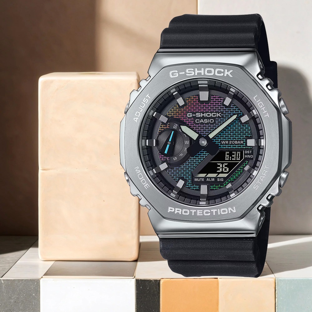 CASIO 卡西歐 G-SHOCK 彩色磚牆系列 八角雙顯手錶 學生錶 GM-2100RW-1A, , large