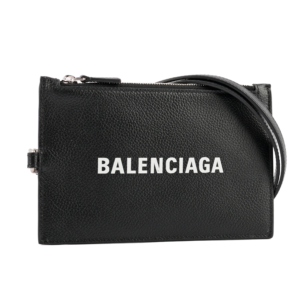 BALENCIAGA 經典Logo牛皮卡片夾(附可拆式掛繩)(黑色), , large