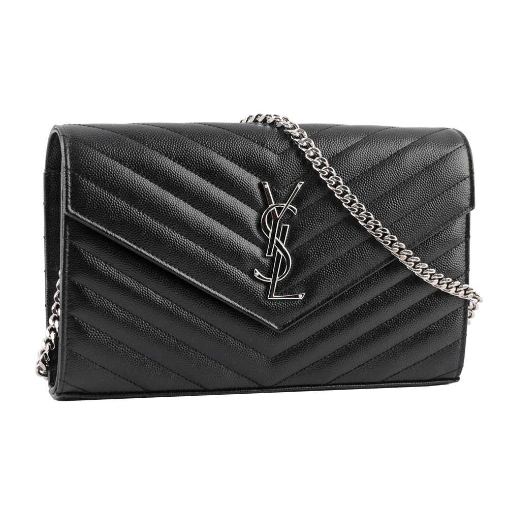 YSL V紋荔枝皮銀色LOGO WOC 斜背包/黑色, , large