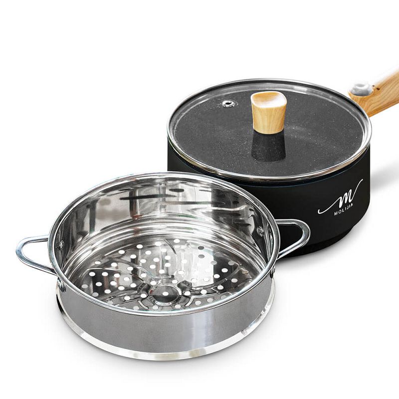 【MOLIJIA】1.6L-M18 Multifunctional Non-stick Electric Cooking Pot + M1812 Stainless Steel Steamer - Black Wood Grain, , large