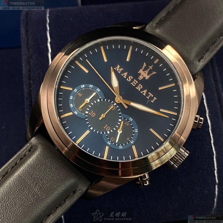 [星晴錶業]MASERATI手錶,46mm,R8871612008寶藍色錶面古銅色錶殼咖啡色真皮皮革錶帶款, , large