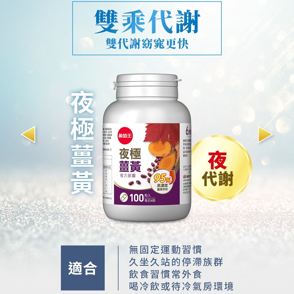 【葡萄王】 夜極薑黃複方膠囊100粒 (95%薑黃 益生菌 綠茶兒茶素 米萃取物), , large