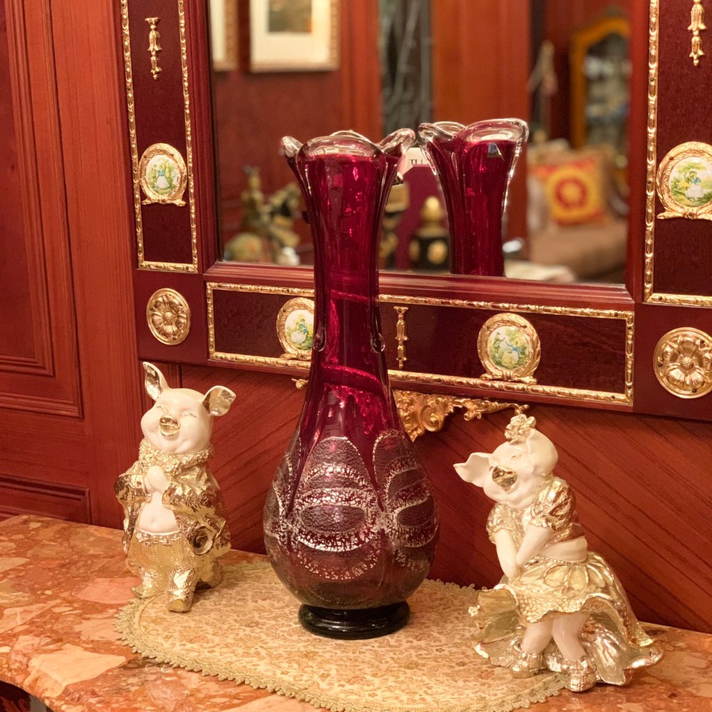 現貨 日本津輕 手作紅蝶金箔花瓶 金益合玻璃器皿 花瓶, , large