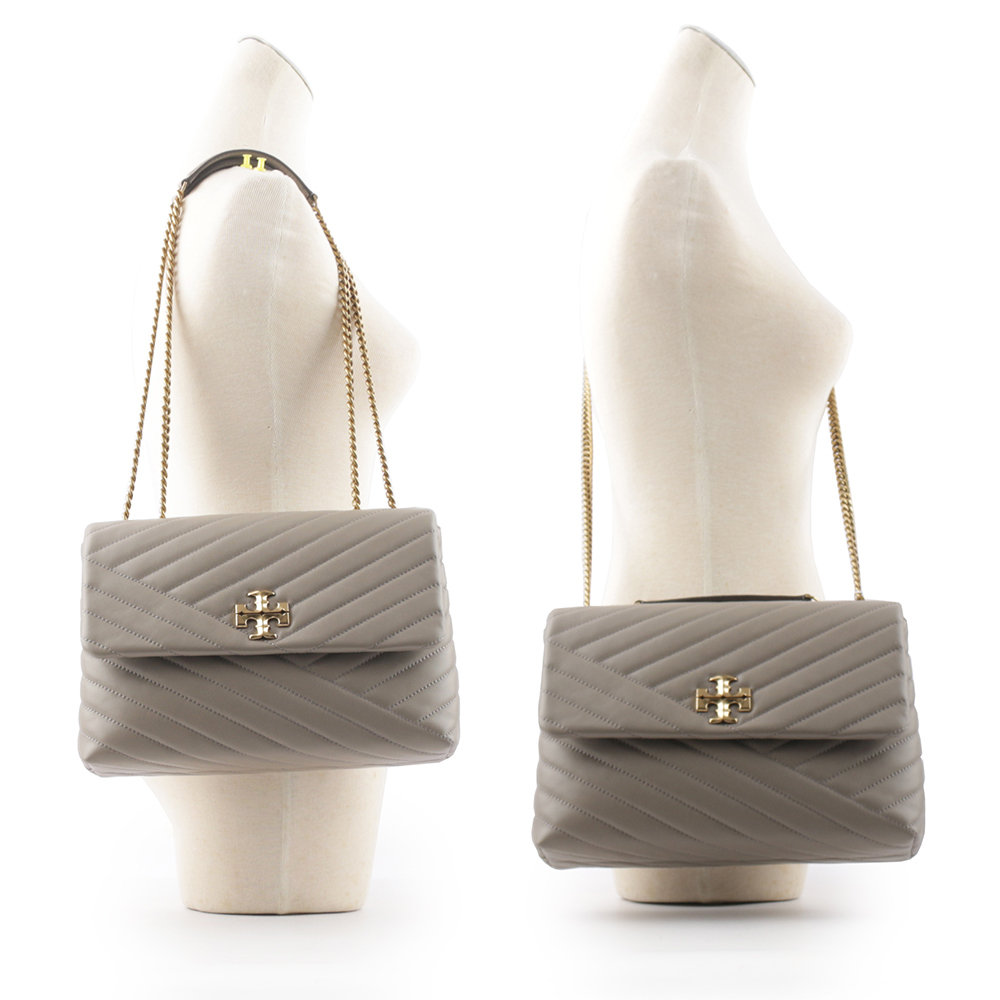 TORY BURCH Kira 縫線設計翻蓋肩背/斜背鍊包/灰色, , large