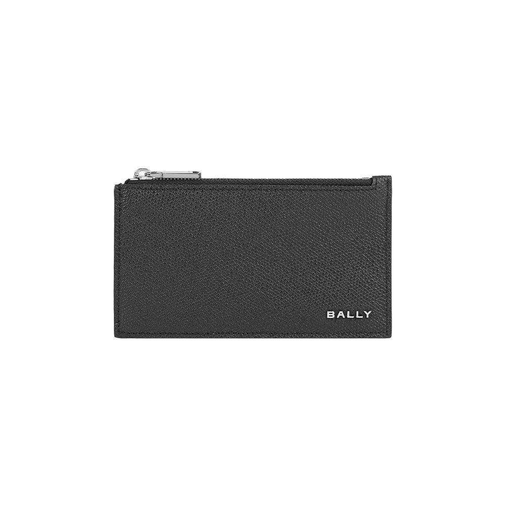 BALLY 金屬Logo 防刮牛皮拉鍊卡片夾/零錢包(黑色), , large
