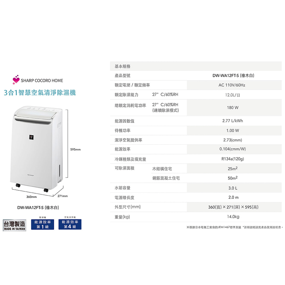 SHARP 夏普 自動除菌離子 3合1智慧空氣清淨除濕機 DW-WA12FT-S, , large