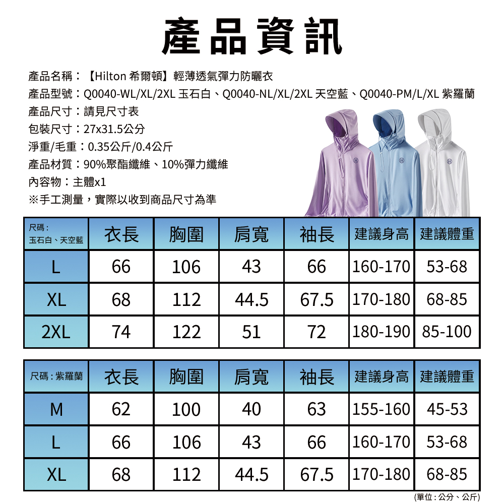 【Hilton 希爾頓】輕薄透氣彈力防曬衣-三色任選(Q0040), , large