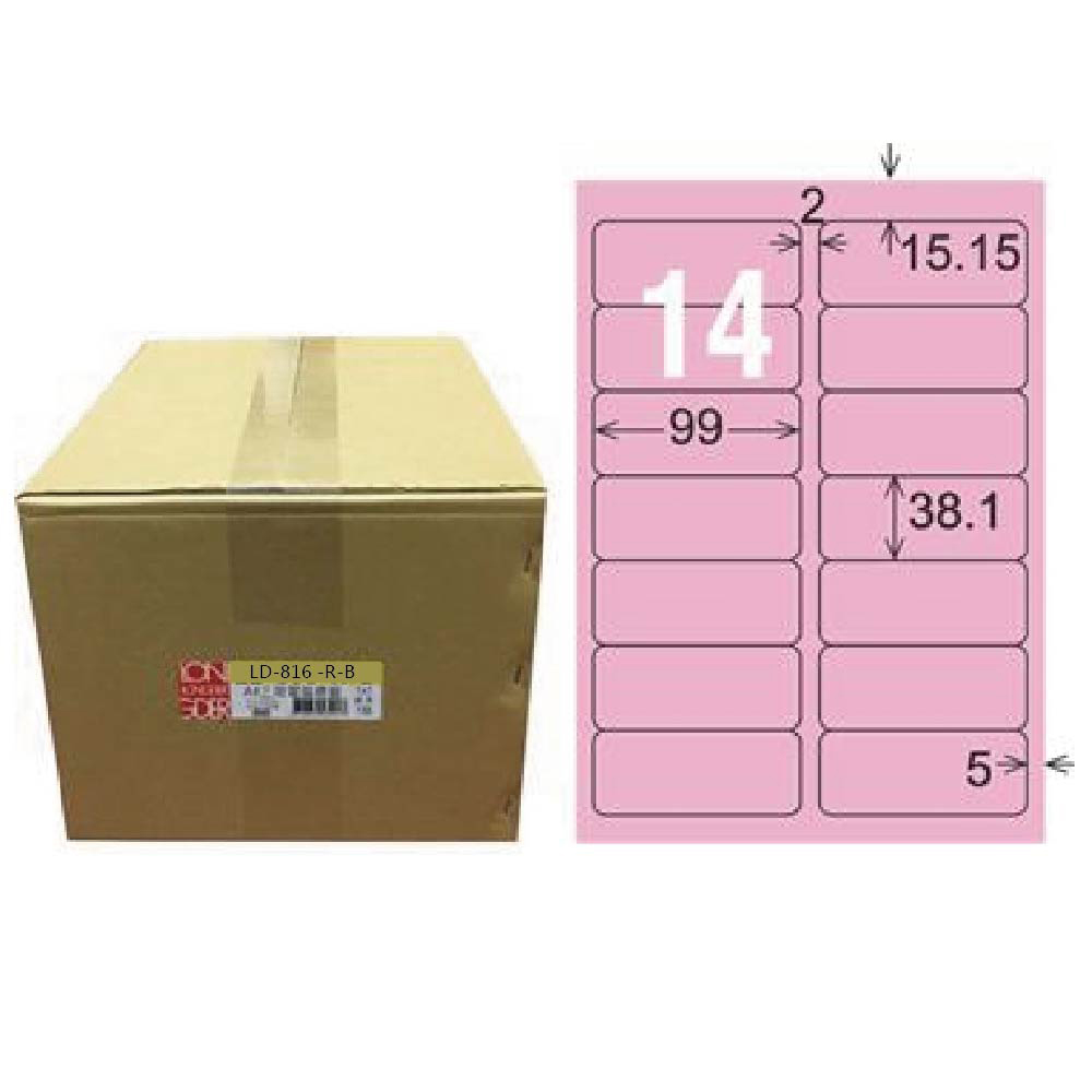 【龍德】LONGDER 三用電腦標籤 A4 14格 圓角 38.1*99mm 粉紅1000張/箱 LD-816-R-B(適用雷射、噴墨、影印), , large