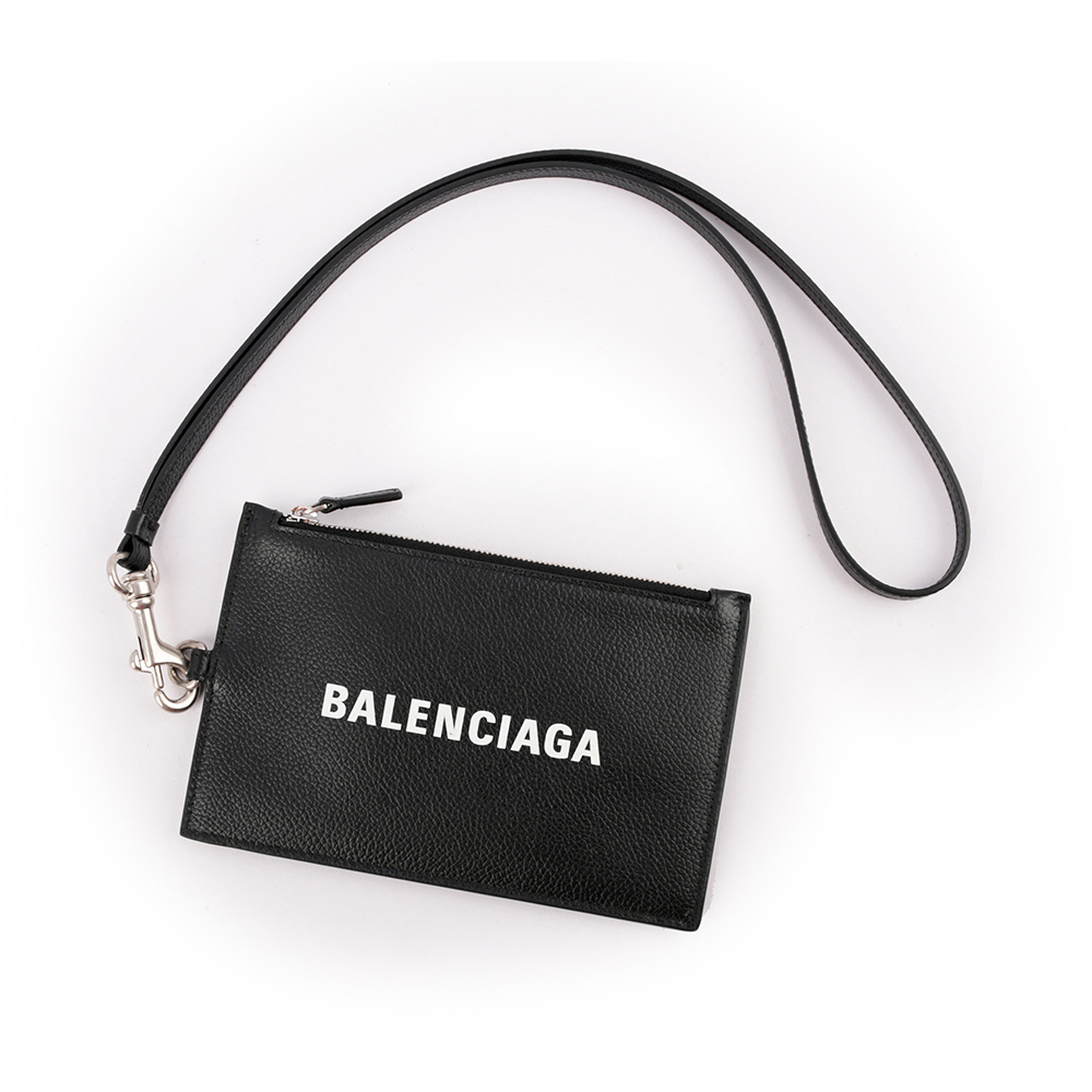BALENCIAGA 經典Logo牛皮卡片夾(附可拆式掛繩)(黑色), , large