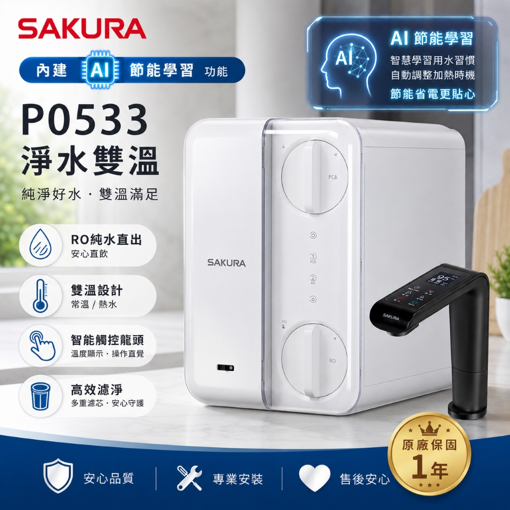 櫻花 SAKURA 廚下 RO 雙溫淨熱飲 AI節能 智能龍頭【P0533】(P0531升級版), , large