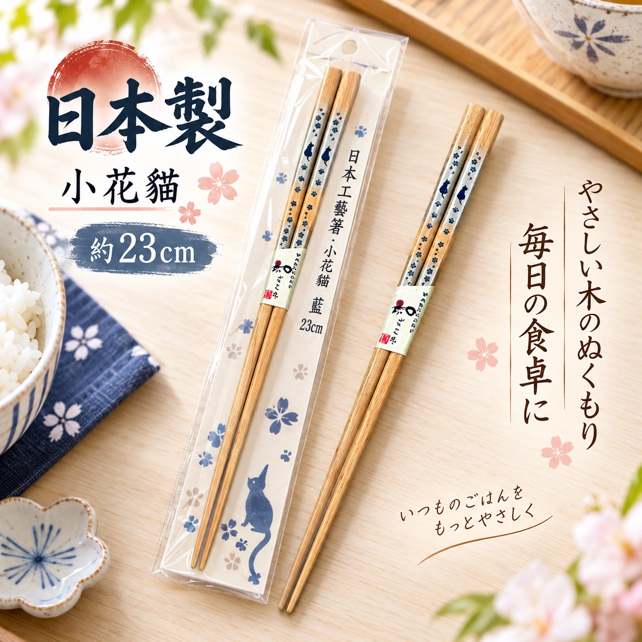 【HIYASU日安工坊】日本工藝箸-小花貓 藍 23cm, , large