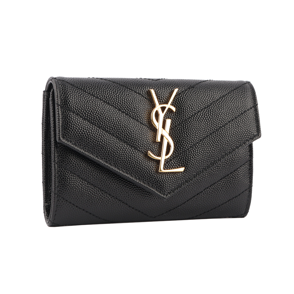 YSL 山形紋荔枝皮金字logo小卡/短夾/黑色, , large