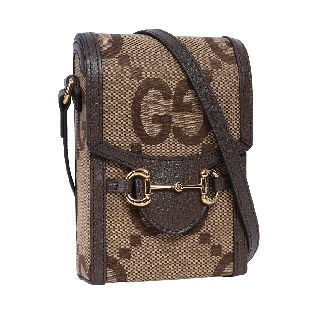 GUCCI Horsebit 1955 Jumbo GG 標誌緹花手機斜背包/棕色, , large