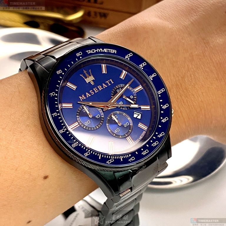 [星晴錶業]MASERATI手錶,44mm,R8873640001寶藍色錶面黑錶殼深黑色精鋼錶帶款, , large