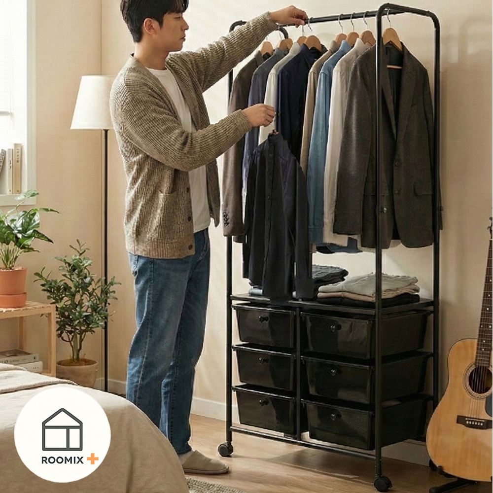 【Roomix】台灣製 六格抽屜衣架｜可調高度黑金鋼衣物收納車｜雙高度設計｜附輪可固定, , large
