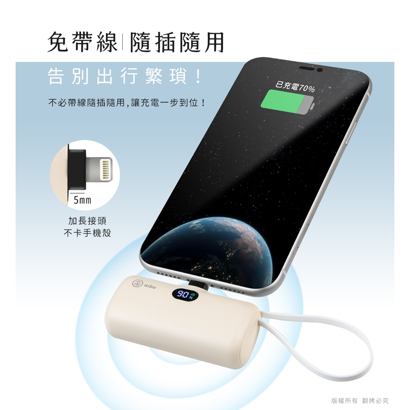 aibo PD快充 Lightning直插式 行動電源(自帶TYPE-C線)【現貨】 直插式 口袋型 自帶TYPE-C線, , large