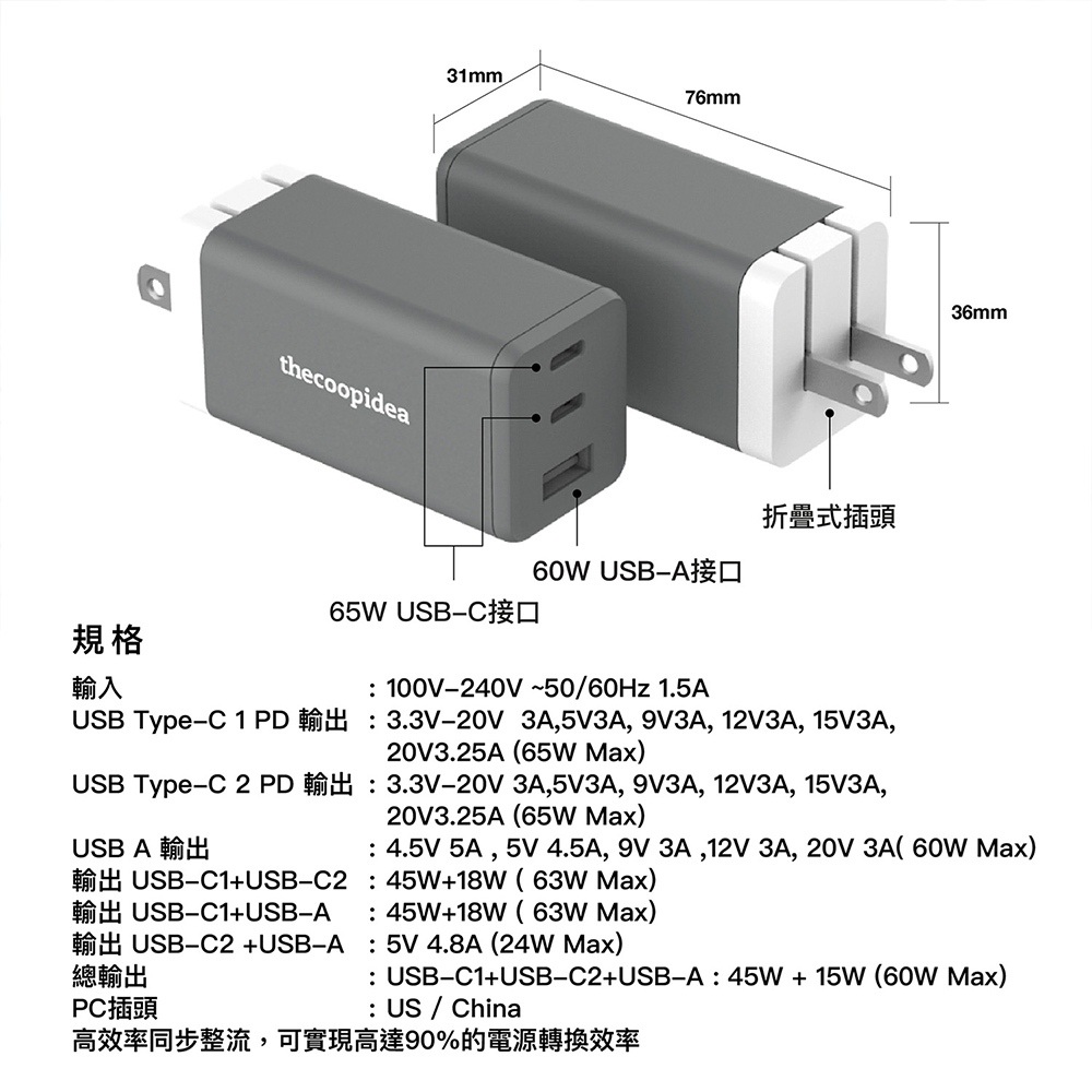 thecoopidea Mini Blocks PD65W GaN 氮化鎵三孔快速充電器(快充豆腐頭) | Lightning線 1.2m | TypeC線 1.2m, , large