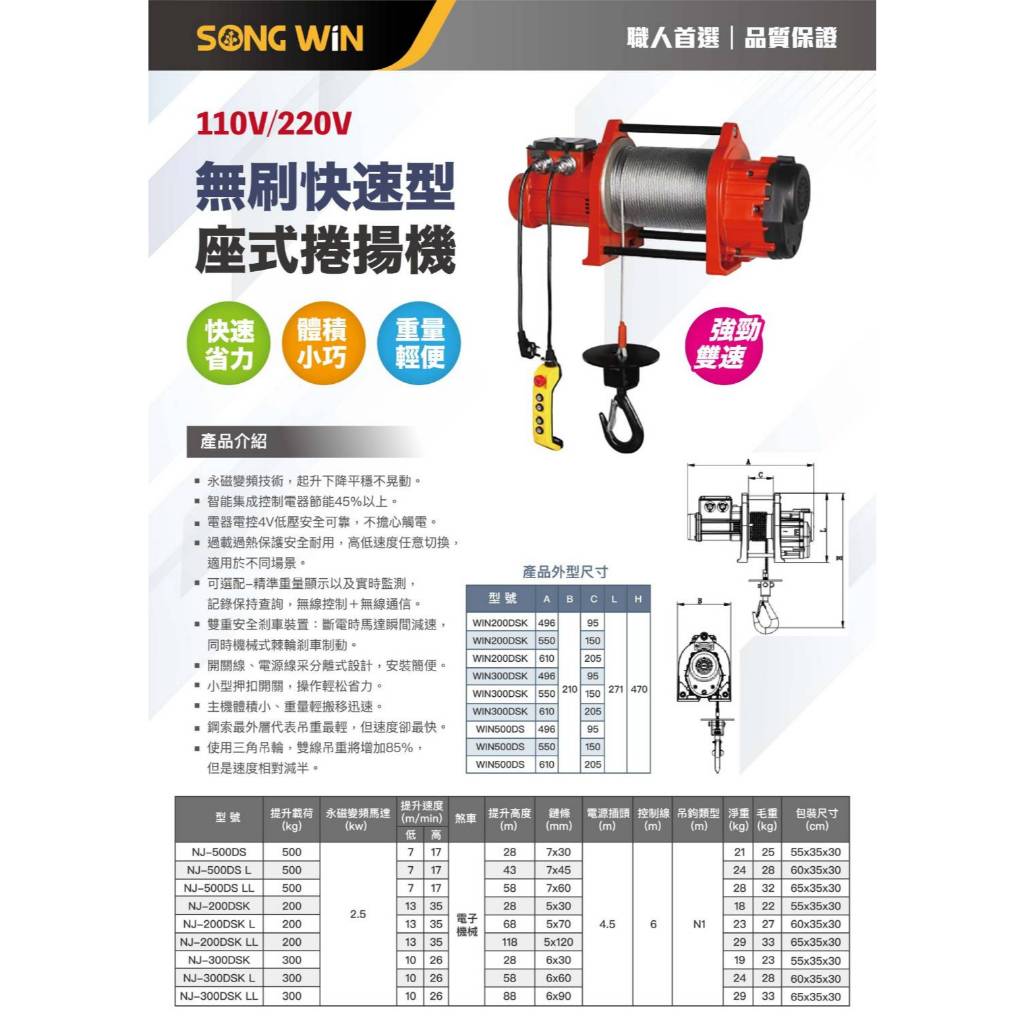 WIN五金 松盈牌 <NJ-300DSK-30M>快速捲揚機 無刷變頻雙速吊磚機 拉線機 高樓小吊車 小金剛 電動吊車 電動絞盤, , large