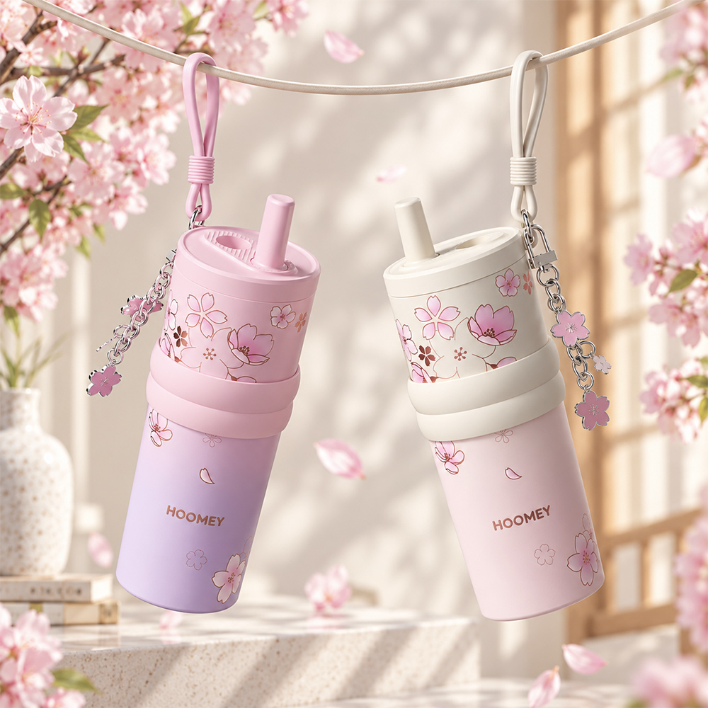 【虎米Hoomey】櫻花吸管杯 316不鏽鋼 咖啡杯 保溫杯 隨身杯 550ML(附櫻花吊飾+手提繩+杯套), , large