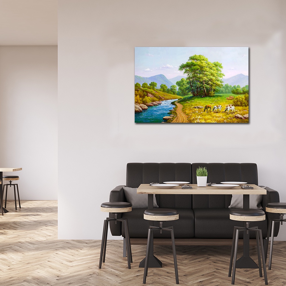 【御畫房】溪邊牧牛 國家一級畫師手繪油畫60&times;90cm(VF-07), , large
