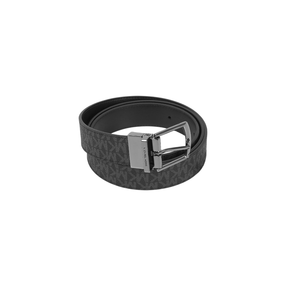 Michael Kors 銀字Logo 塗層帆布寬34mm指針式雙面可用皮帶(黑灰色/黑色), , large