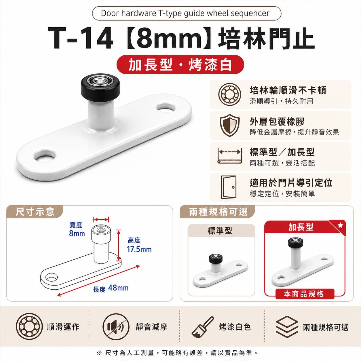 【1955 city】T-14 二分半/8mm 靜音T型培林 上導輪 五金配件  門止 固定輪 2分半 土地公 吊／拉門／櫥衣櫃導輪 止擺器 (加長型-烤漆白), , large
