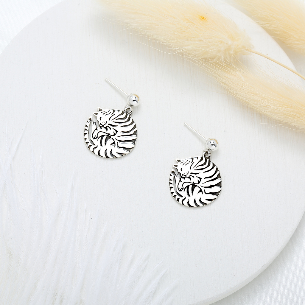 【Angel & Me】Sleepy Cat kitten meow s925 sterling silver earrings Birthday gift, , large
