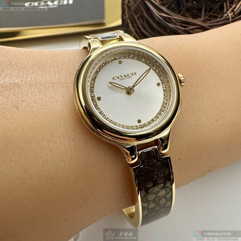 [星晴錶業]COACH手錶,26mm,CH00281銀白錶面金色錶殼C字金咖啡色精鋼錶帶款, , large
