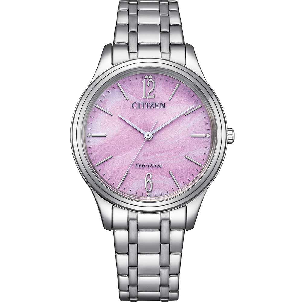 CITIZEN 星辰 光動能大三針時尚女錶 送禮-銀x粉紅/34mm EM0411-71X, , large