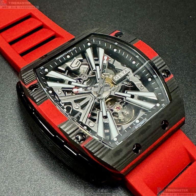 [星晴錶業]GEYA手錶,46mm, 52mm,G78132GWKR雙面機械鏤空錶面黑錶殼紅色矽膠錶帶款, , large